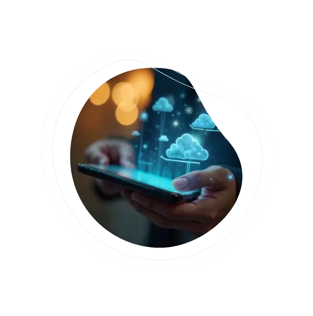Axion communications business phone system concept with a person holding a smartphone displaying digital cloud icons.