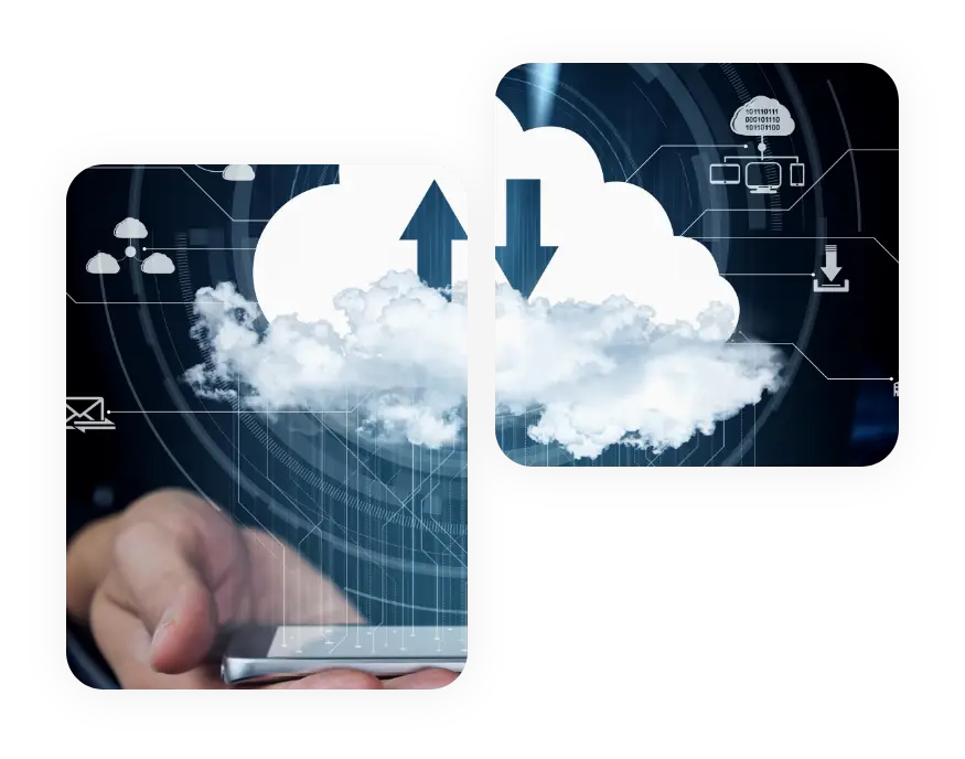 Axion Communications business phone system cloud technology illustration with data transfer and connectivity icons.