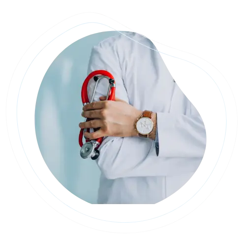 Axion's healthcare professional holding a red stethoscope, symbolizing medical care and health services.